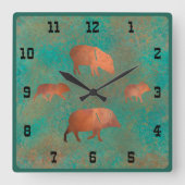 サウスウエストジャベリーナファミリーティール（緑がかった色）ウエスタンナンバーズ スクエア壁時計 (正面)