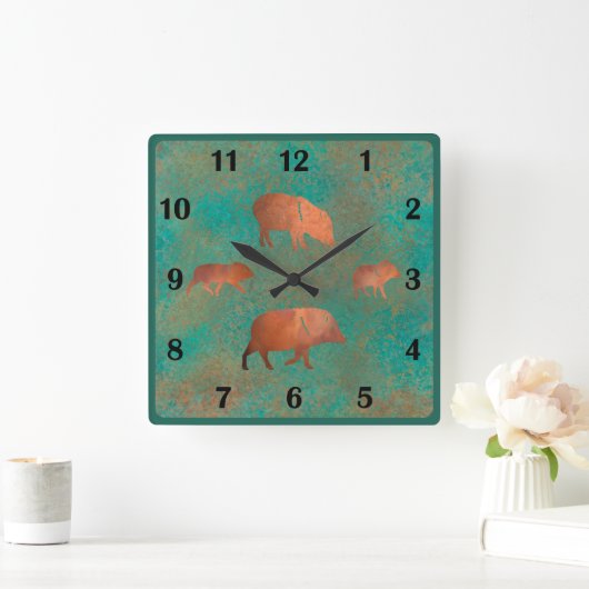 サウスウエストジャベリーナファミリーティール（緑がかった色）レギュラーナンバー スクエア壁時計 (ホーム)