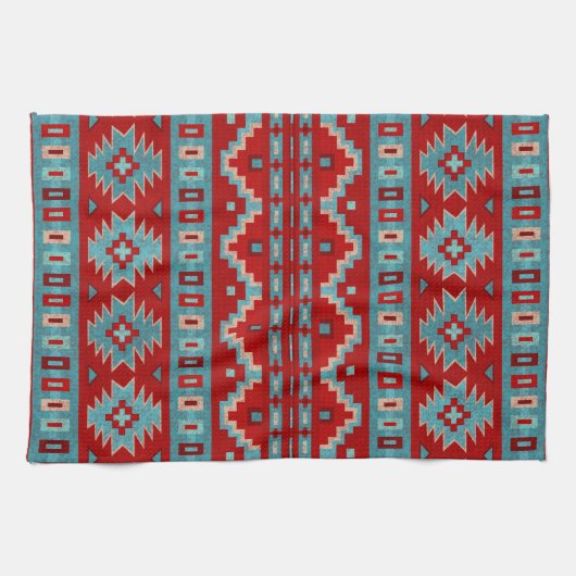 サウスウエストメサスターコイズ&レッド キッチンタオル (横)