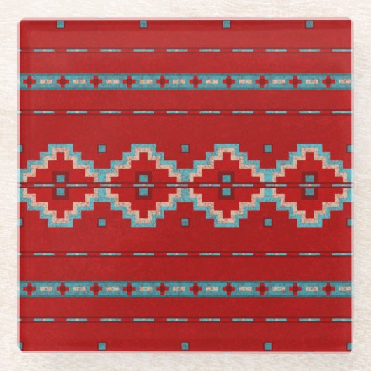 サウスウエストメサスレッドとターコイズ ガラスコースター (正面)