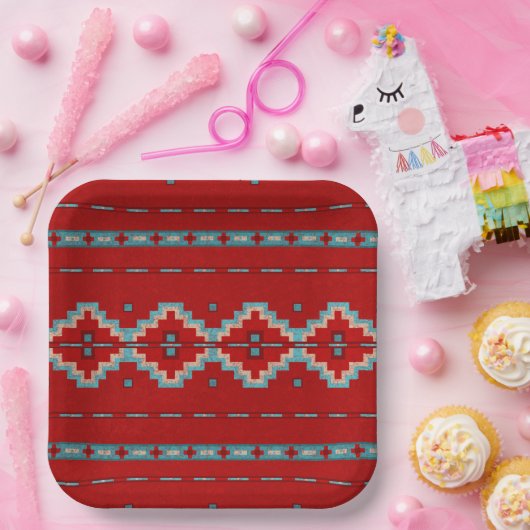 サウスウエストメサスレッド&ターコイズ幾何学的デザイン ペーパープレート (パーティー)