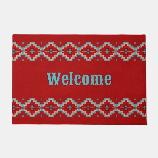 サウスウエストメサスレッド&ターコイズ パーソナライズされた ドアマット (正面)