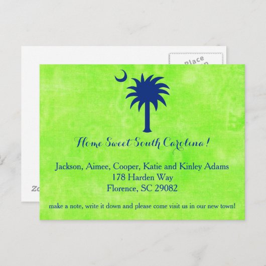 サウスカロライナ州パルメットの木と月の新しいアドレス 案内ポストカード (正面/裏面)