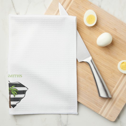 サウスカロライナ州パームツリーパーソナライズされたストライプ キッチンタオル (四つ折り)