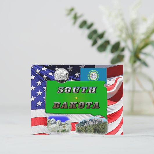 サウスダコタの地図、写真文字、第フェイク4四半期・州旗 ポストカード (スタンド正面)
