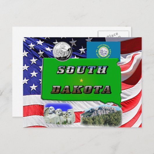 サウスダコタの地図、写真文字、第フェイク4四半期・州旗 ポストカード (正面/裏面)