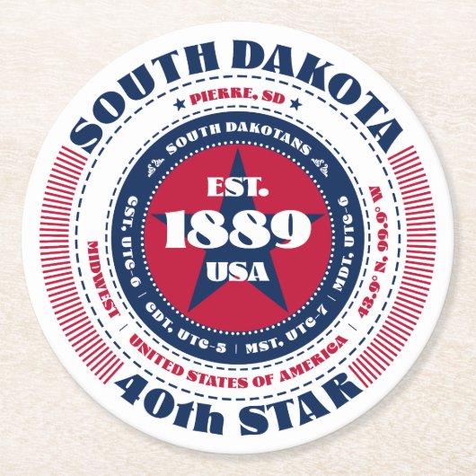 サウスダコタ赤白青タイポグラフィ ラウンドペーパーコースター (正面)