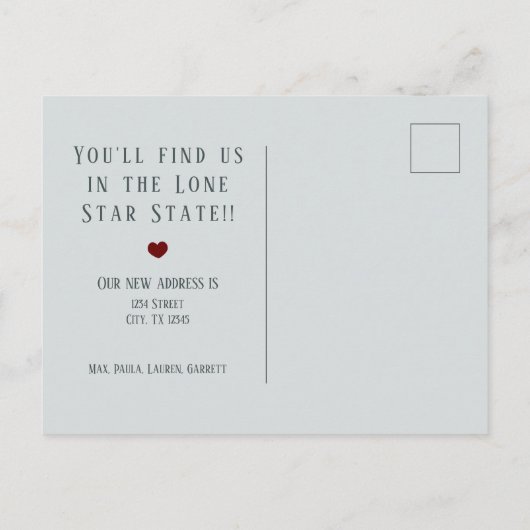 サウステキサス州ブルーリネンアンドハートテキサス州ムービング 案内ポストカード (裏面)