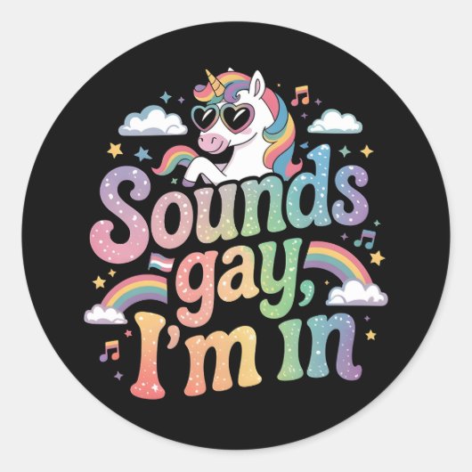 サウンドゲイ私はLGBTプライドレインボーユニコーン ラウンドシール (正面)