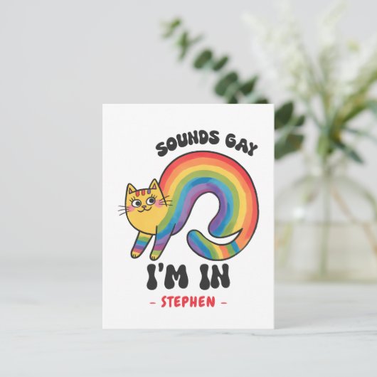 サウンドゲイ、私は入っている – Rainbow Cat LGBTQプライド ポストカード (スタンド正面)