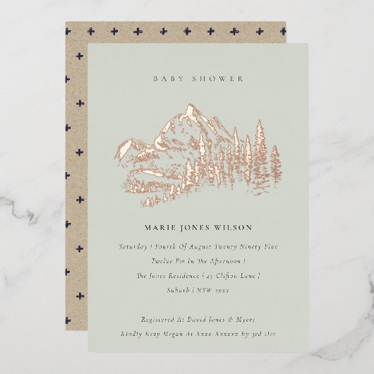 サガグリーンバラ金ゴールドマウンテンパインベイビーシャワー 箔招待状 (正面/裏面)