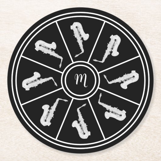 サキソフォンとモノグラムを持つ白黒のモチーフ ラウンドペーパーコースター (正面)