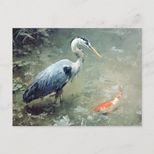 サギと色とりどりの鯉の魚 ポストカード (正面)
