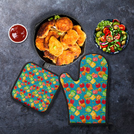 サクサクしたサクサクのサラダティール（緑がかった色）ブルー 鍋つかみ&鍋敷きセット