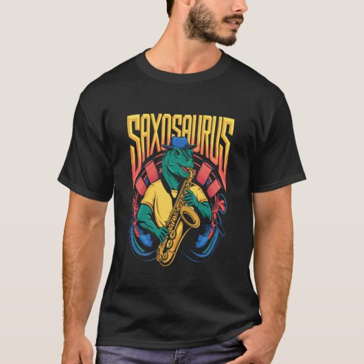 サクソサウルス サクソフォンを演奏する Tシャツ (正面)