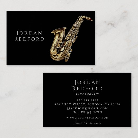 サクソフォニストミュージシャン音楽先生ブラック 名刺 (正面/裏面)