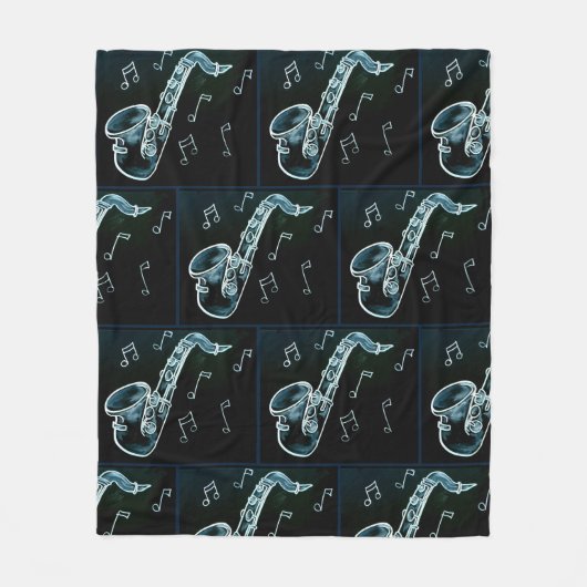 サクソフォンと音楽ノート フリースブランケット (正面)