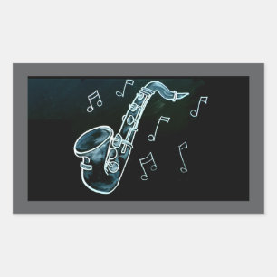 サクソフォンと音楽ノート 長方形シール