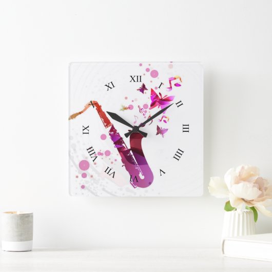 サクソフォンのかわいい音楽と蝶 スクエア壁時計 (ホーム)
