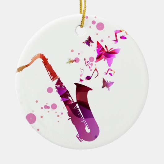 サクソフォンのかわいい音楽と蝶 セラミックオーナメント (正面)