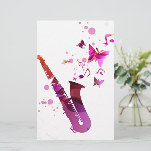 サクソフォンのかわいい音楽と蝶 便箋 (スタンド正面)