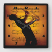 サクソフォンマンミュージシャンシートミュージック スクエア壁時計 (正面)
