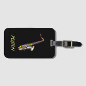 サクソフォン金ゴールドウォーターカラーオンブラックラゲージタグ ラゲッジタグ (正面横)