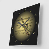 サクソフォン3-D金ゴールドグローブ~楽譜~ Black BG スクエア壁時計 (傾斜)