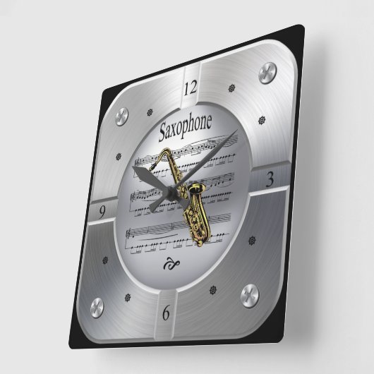 サクソフォン~シート音楽~銀色のブラシ仕上げ スクエア壁時計 (傾斜)