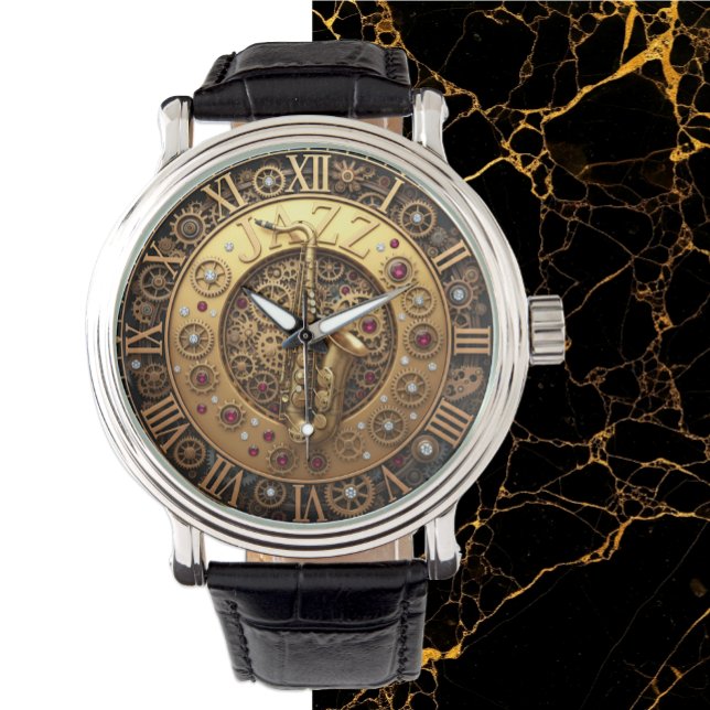 サクソフォン、ジャズウォッチ、音楽、スチームパンインダストリアル 腕時計 (Jazz, Saxophone Watch)