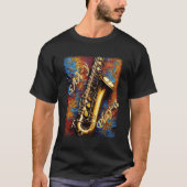 サクソフォン – ファンゴッホスタイル背景 Tシャツ (正面)