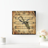 サクソフォン~ヴィンテージシートミュージックの背景~ユニーク スクエア壁時計 (ホーム)