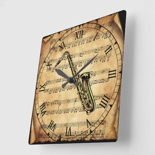 サクソフォン~ヴィンテージシートミュージックの背景~ユニーク スクエア壁時計 (傾斜)
