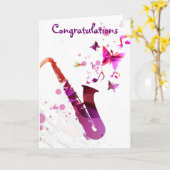 サクソフォーンかわいい音楽蝶お祝い カード (黄色い花)