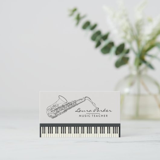サクソフォーンの音楽の先生のピアノキーボードのミュージシャン 名刺 (スタンド正面)
