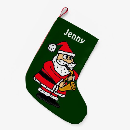 サクソフォーンを演奏しているおもしろいなサンタクロース スモールクリスマスストッキング (正面 (吊り時))