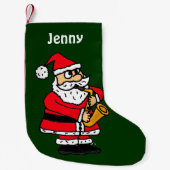 サクソフォーンを演奏しているおもしろいなサンタクロース スモールクリスマスストッキング (正面)
