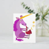 サクソフォーンを演奏するおもしろいな紫色のユニコーン ポストカード (スタンド正面)