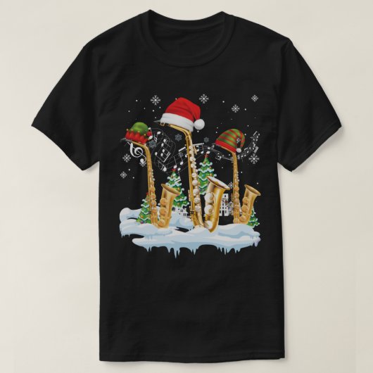 サクソフォーンジャズサンタハットクリスマスツリーミュージシャンS Tシャツ (デザイン正面)
