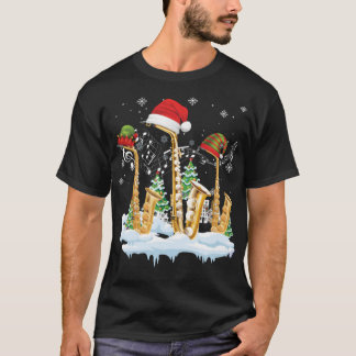 サクソフォーンジャズサンタハットクリスマスツリーミュージシャンS Tシャツ