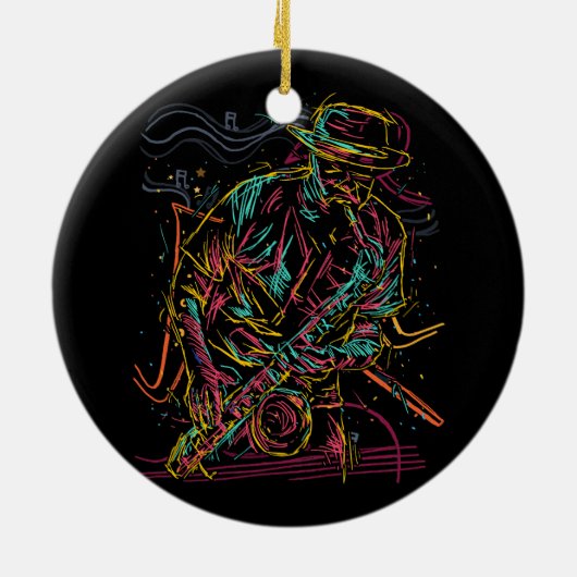 サクソポニストジャズミュージシャンアイディアサクソフォンミュージックプラ セラミックオーナメント (裏面)