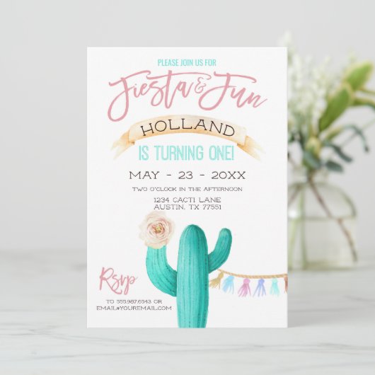 サクタスファースト誕生日水彩ミントコーラル 招待状 (スタンド正面)