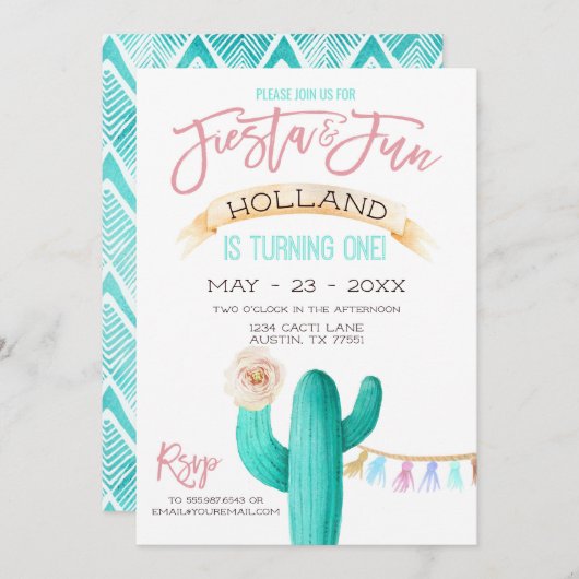 サクタスファースト誕生日水彩ミントコーラル 招待状 (正面/裏面)