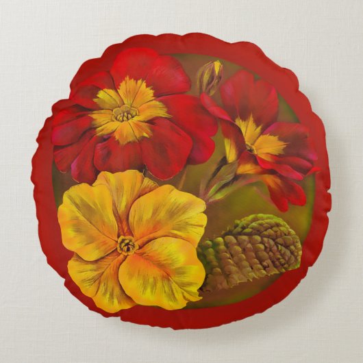 サクラソウの赤い黄色緑の装飾用クッション ラウンドクッション (正面)