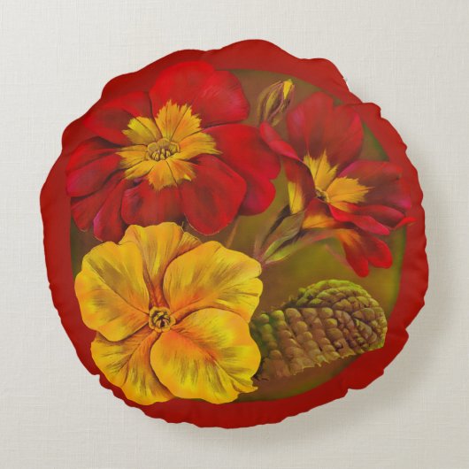 サクラソウの赤い黄色緑の装飾用クッション ラウンドクッション (裏面)