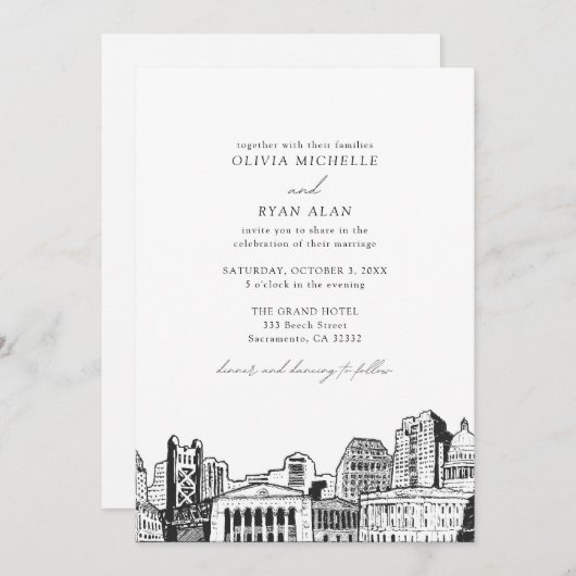 サクラメントモダンスカイラインブラック&ホワイト結婚ズ 招待状 (正面/裏面)