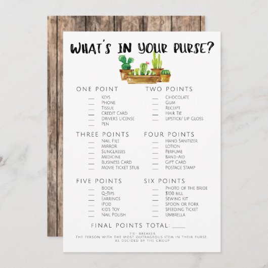 サク素朴スブライダルシャワーゲーム財布 招待状 (正面/裏面)