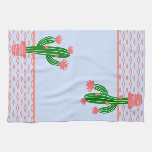 サグアロのサボテン、ばら色および淡いブルーの珊瑚 キッチンタオル (横)
