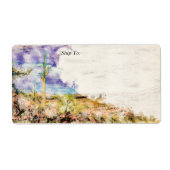 サグアロのトゲサボテン アリゾナ砂漠 紫の水彩画 ラベル (正面)