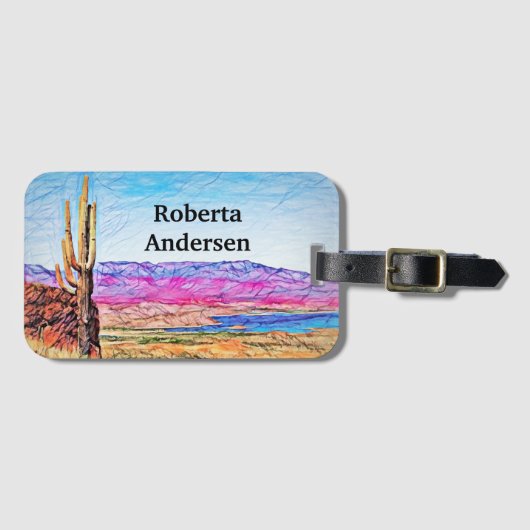 サグアーロサボサボサボサボサボサボサパープルマウンテンズブルーレイクアリゾナ ラゲッジタグ (正面横)